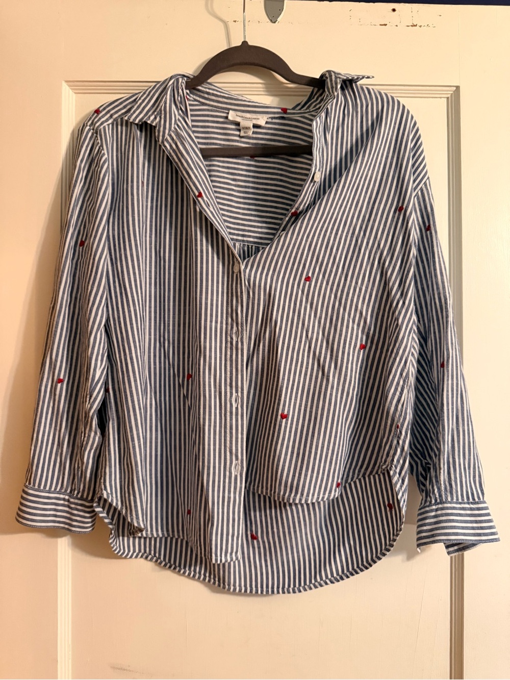 Beachlunchlounge Striped Button-Up Shirt with Red heart Embroidery
